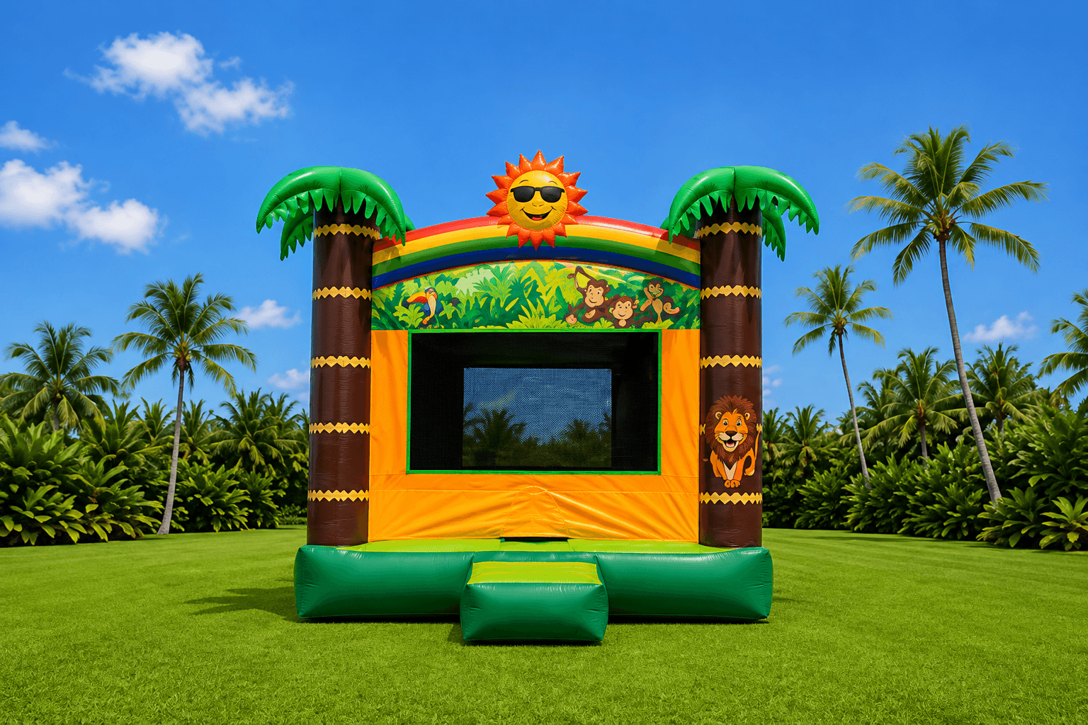 Colorful Tropical Bounce House with palm tree columns and a rainbow arch